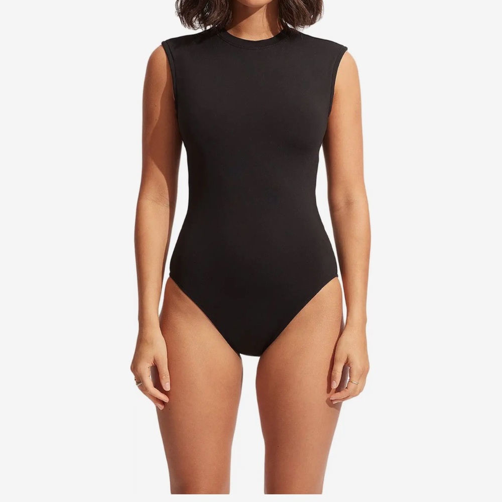 Seafolly Black Cap Sleeve Maillot Suit